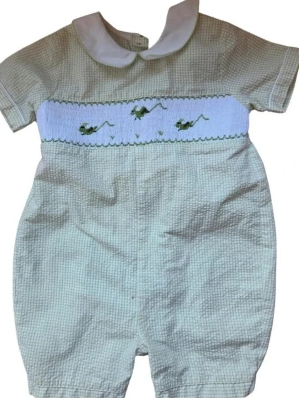 VTG Royal Child Smocked Seersucker Grasshopper Romper Bubble 24M Green Gingham
